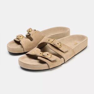 NEW Zara Split Leather Buckle Sandals in Beige - Size 10